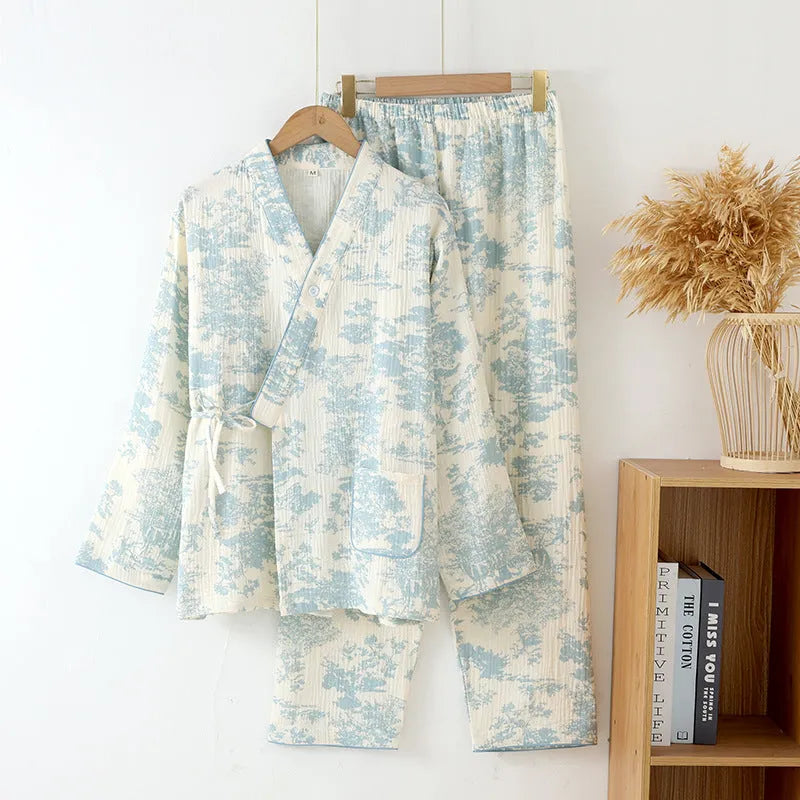 Ladies pure cotton gauze long sleeve trousers suit set in frosted pine trees colour