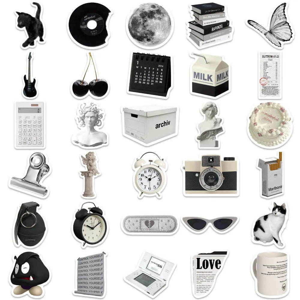 61-piece black and white waterproof PVC sticker set for laptops, phones, and luggage.