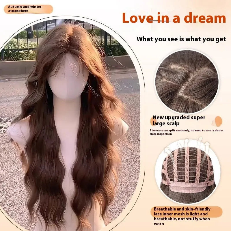 Full-head artificial hair wig with long curly style and side bangs in brown colour options
