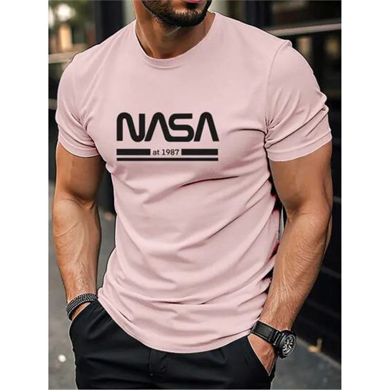 Printed slim-fit men's short sleeve cotton T-shirt on a hanger, shown in multiple colour options.