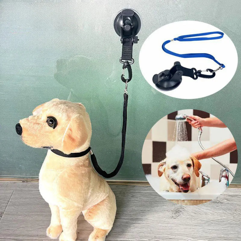 Pet bathing restraint system with suction cups and handcuffs for secure bath time control