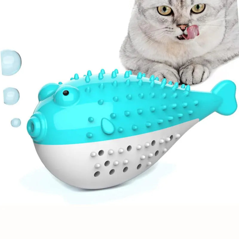 Blue silicone fish cat chew toy measuring 12.2cm for grabbing and teeth cleaning