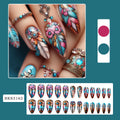 Colourful retro feather design nail art armour plates with cartoon, heart, and butterfly patterns.