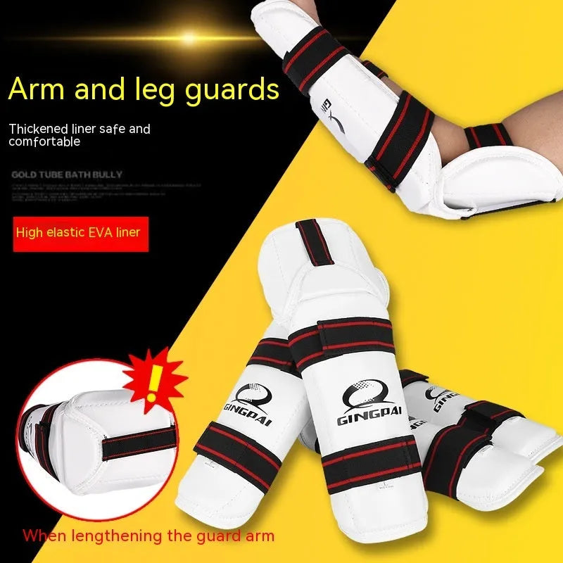 Taekwondo protective gear set showing arm guards, elbow protectors, and leg guards in PU EVA foam material