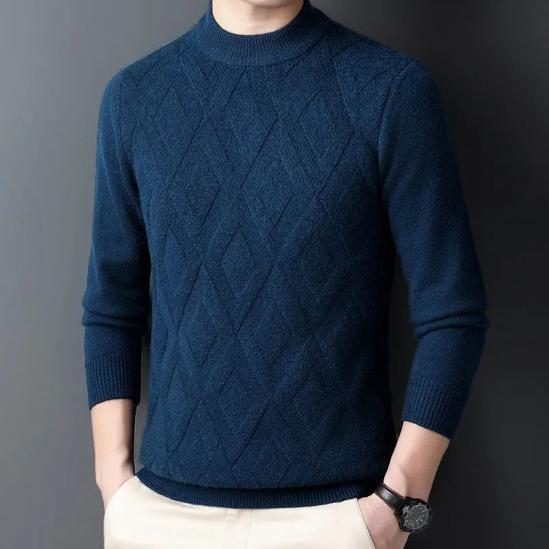 Men's thick winter sweater in diamond jacquard pattern, shown in light camel colour