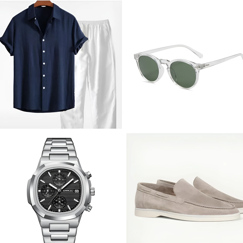 Casual loose cotton linen short sleeve suit in navy blue, shown with glasses, shoes and watch accessories