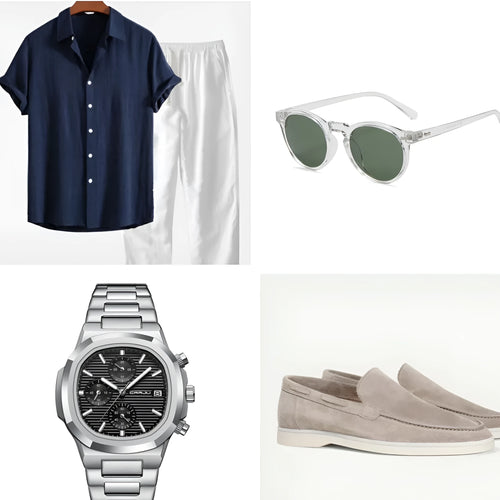 Casual loose cotton linen short sleeve suit in navy blue, shown with glasses, shoes and watch accessories