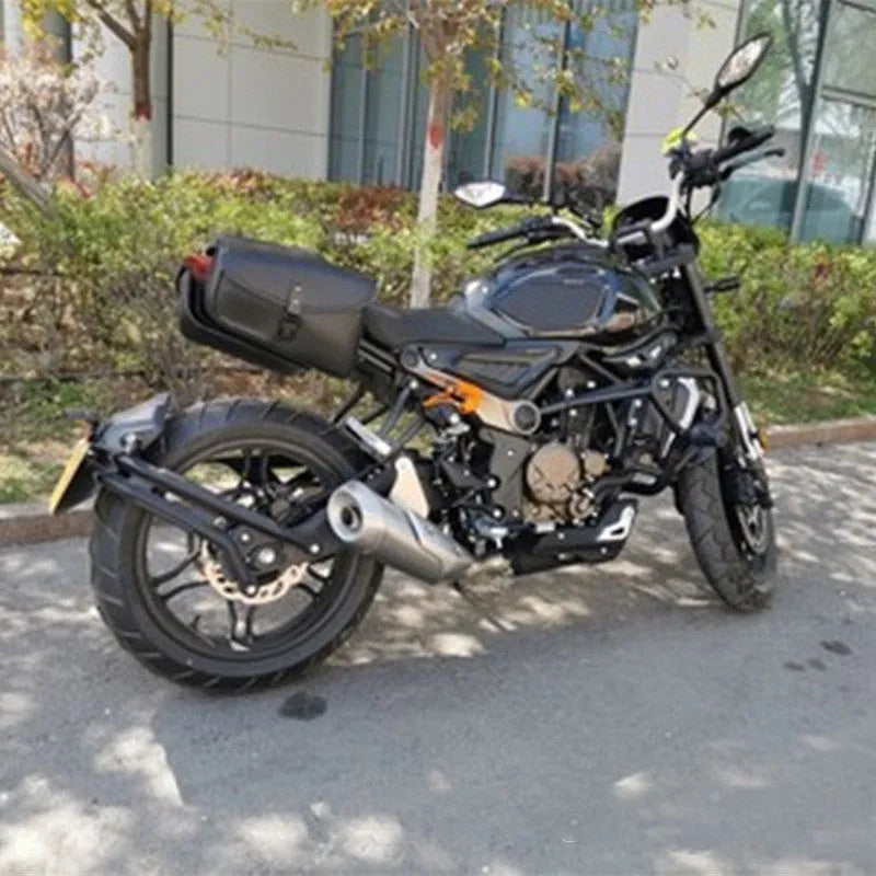 Black PU leather motorcycle swingarm bag mounted to Sportster motorcycle showing dimensions and storage capacity