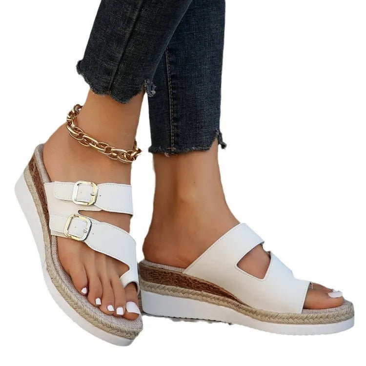 White woven patent leather women's wedge sandals with peep toe and finger fit design