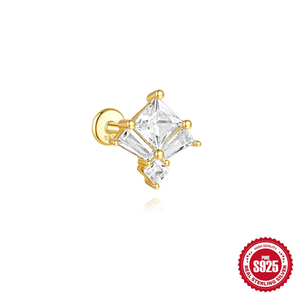 S925 sterling silver double ear piercings chain stud earrings with geometric design and zircon detailing