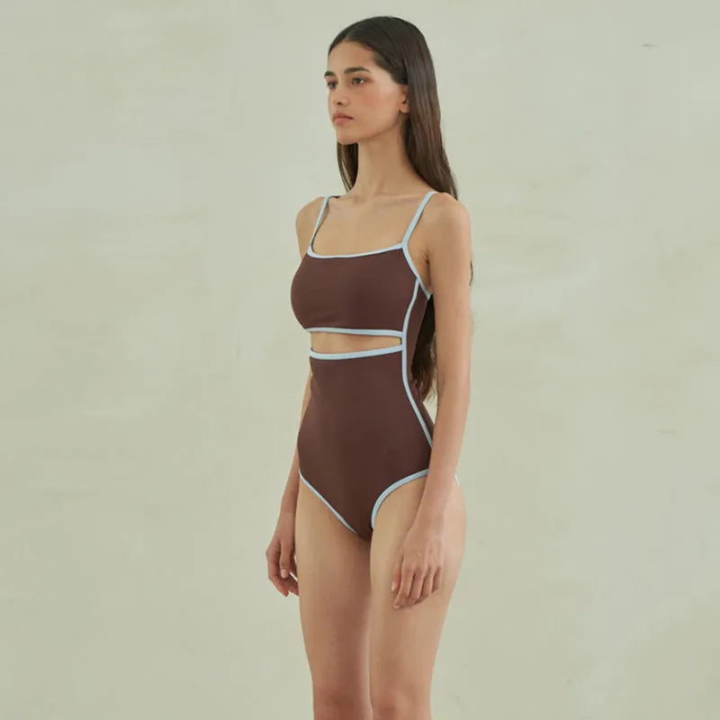 Brown women's one-piece swimsuit with sexy pattern style made from nylon fabric