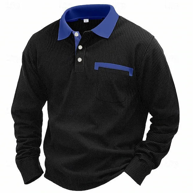 Man wearing a long-sleeved waffle-textured polo shirt in a loose fit with an asymmetric design detail.