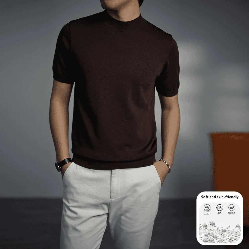 Men's knitted T-shirt in solid colours with round neck and short sleeves on size chart background