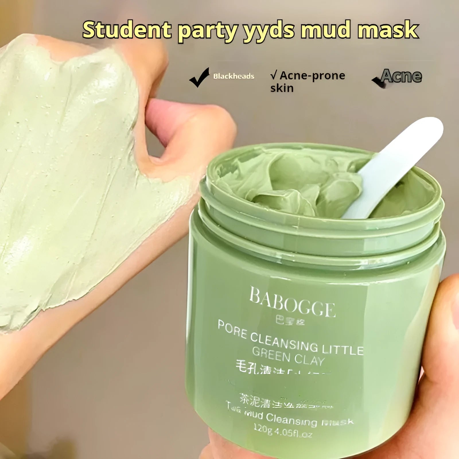 Clay cleansing facial mask in a container, labelled as a 120g non-pulling, dry daub-type formula.