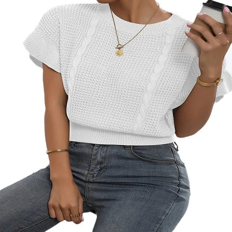 Loose fit knitted pullover sweater with ruffled short sleeves and twisted string design detailing