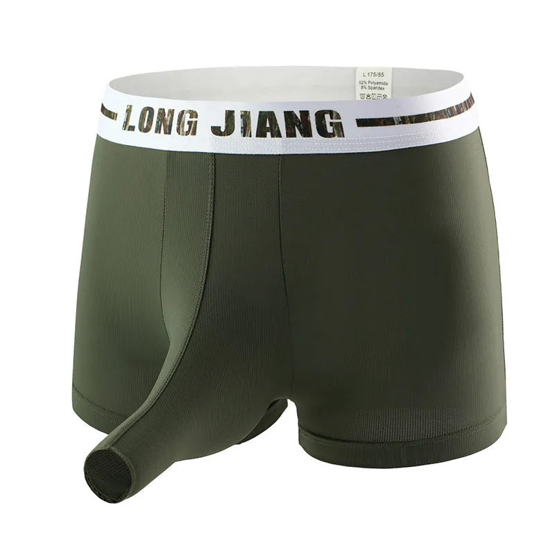 Men's breathable ice silk trunk open boxer shorts in Army Green colour on a mid waist mannequin.