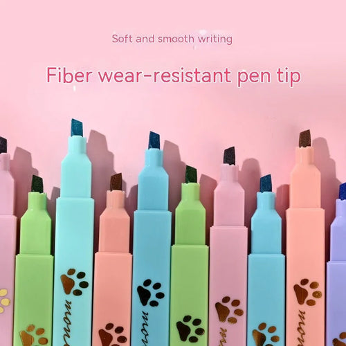 Cat's Paw fluorescent marking pen set showing six pens with oblique heads in different colours, packaged in a box.