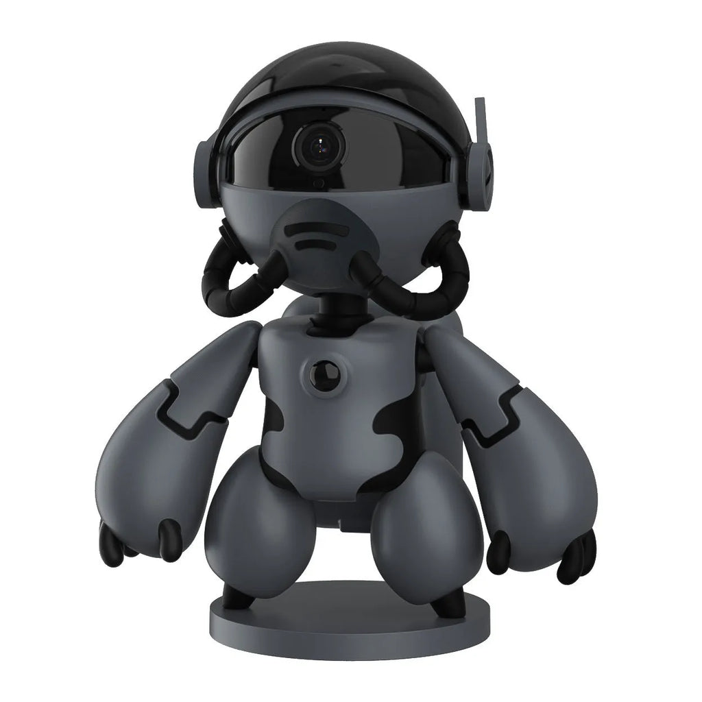 White Space Robot home security camera on a table with a detachable base, showing a wide-angle lens.