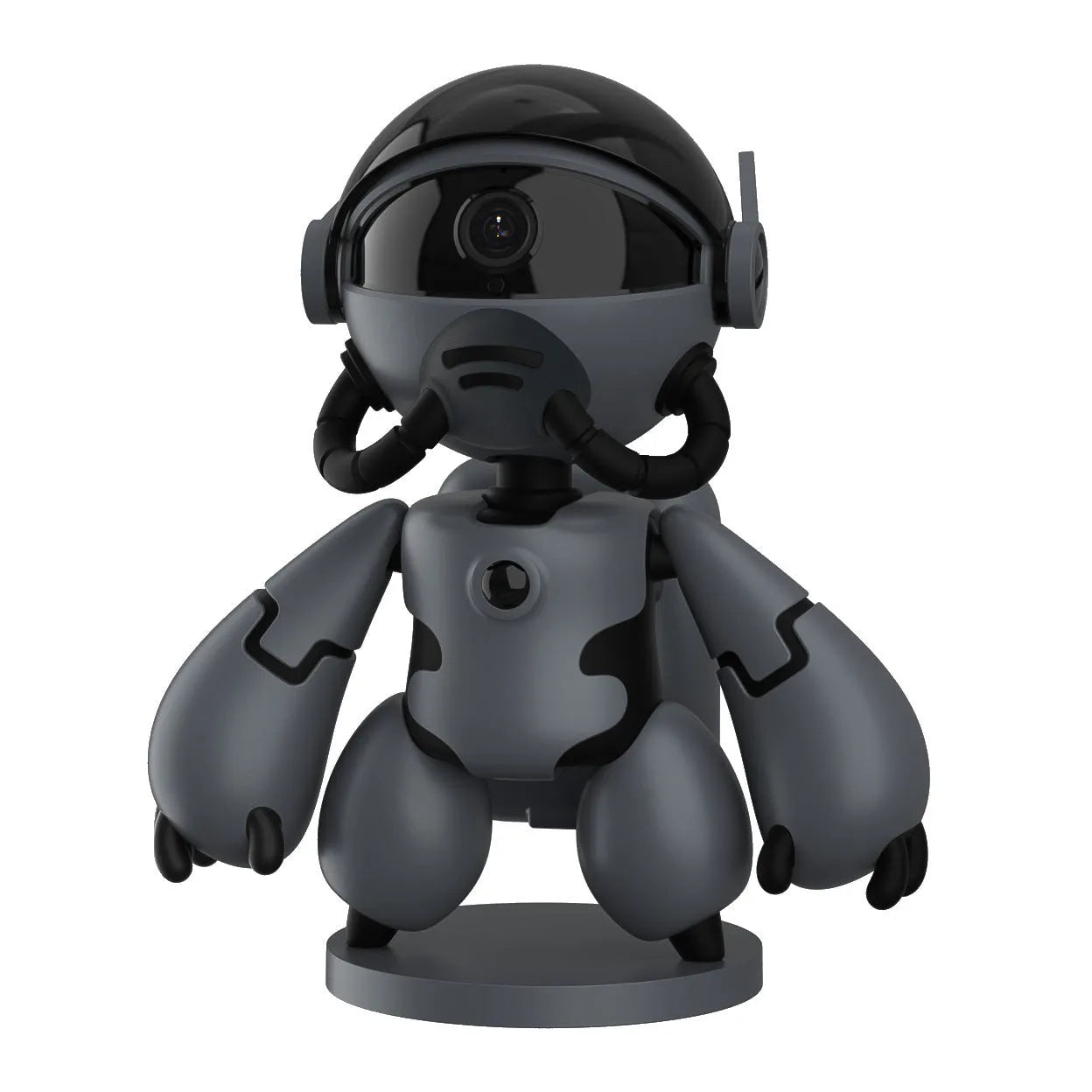 White Space Robot home security camera on a table with a detachable base, showing a wide-angle lens.