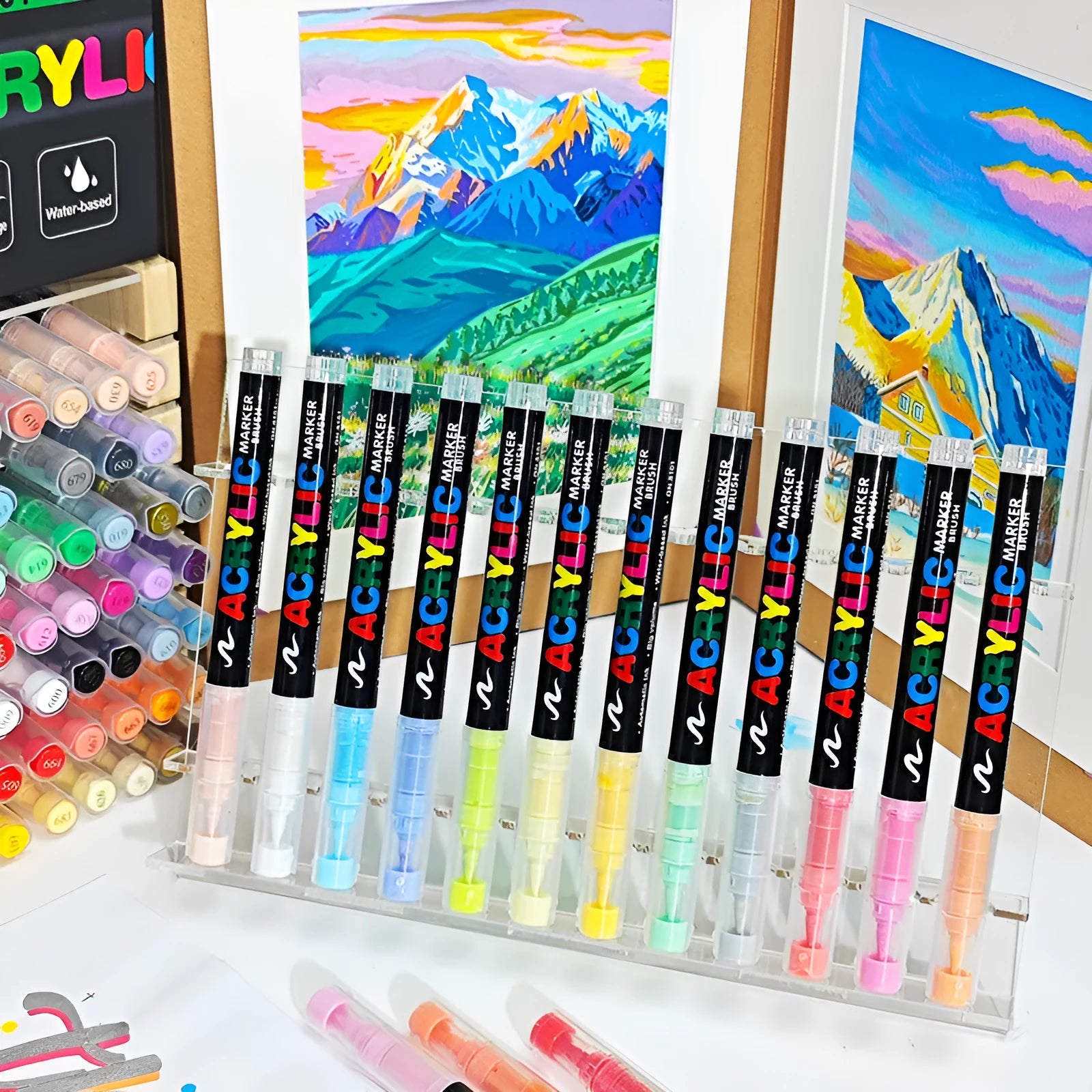 Straight acrylic marker pens with soft tips in multiple colours arranged by set size