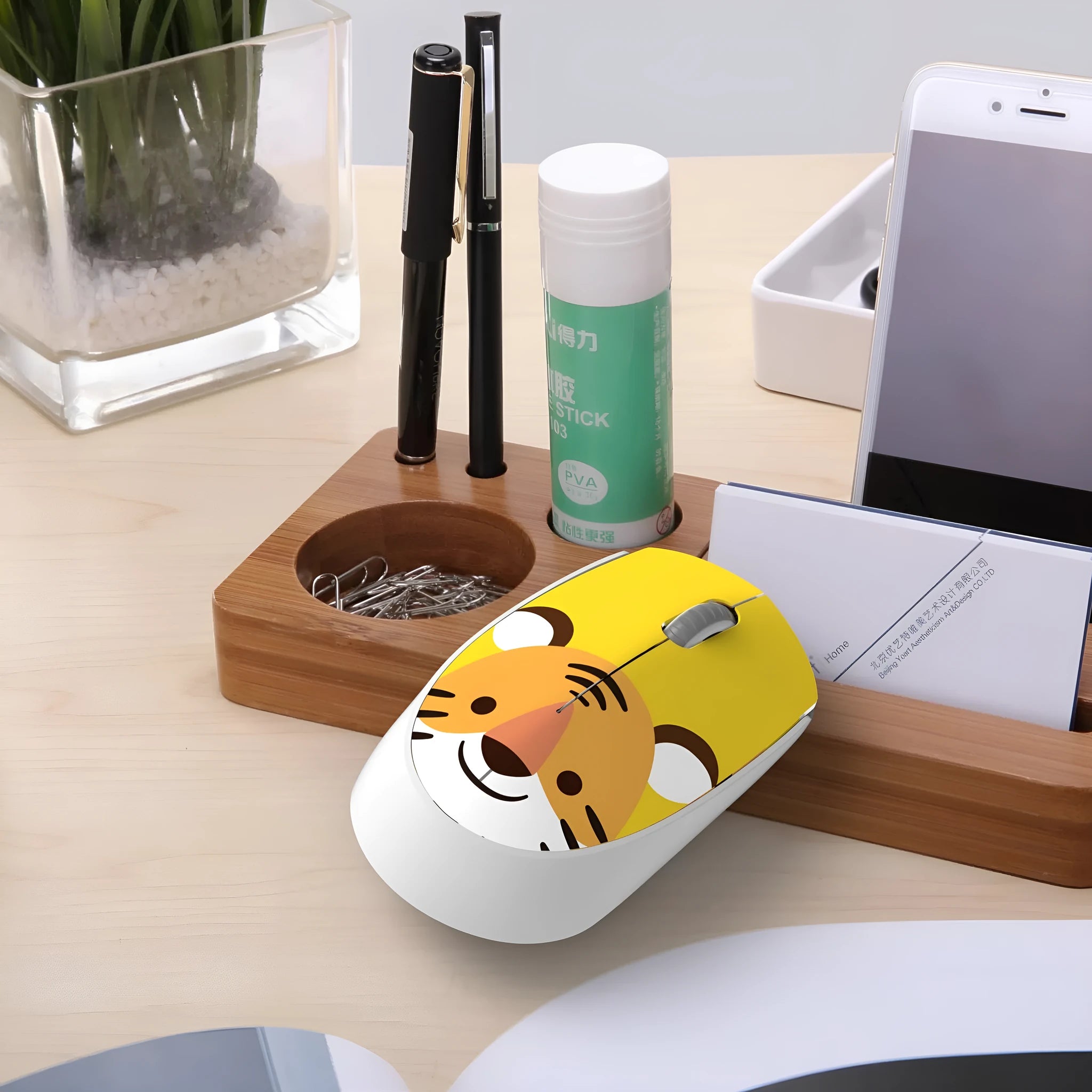 Mini USB wireless mouse for laptop in cartoon animal design colours like blue rabbit and yellow tiger.
