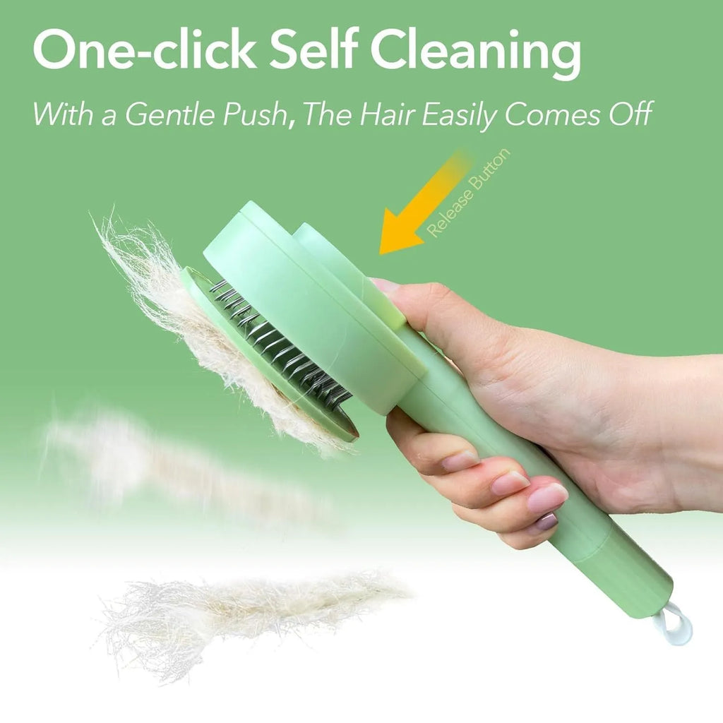 Green 2-in-1 pet grooming brush with stainless steel teeth for cats and dogs measuring 17.5cm