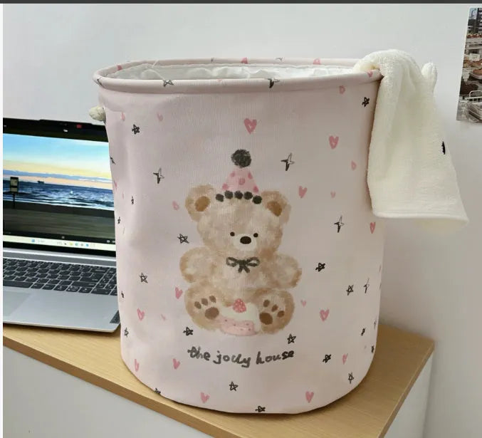 Foldable cotton cloth laundry basket in good night bear colour pattern showing large capacity design