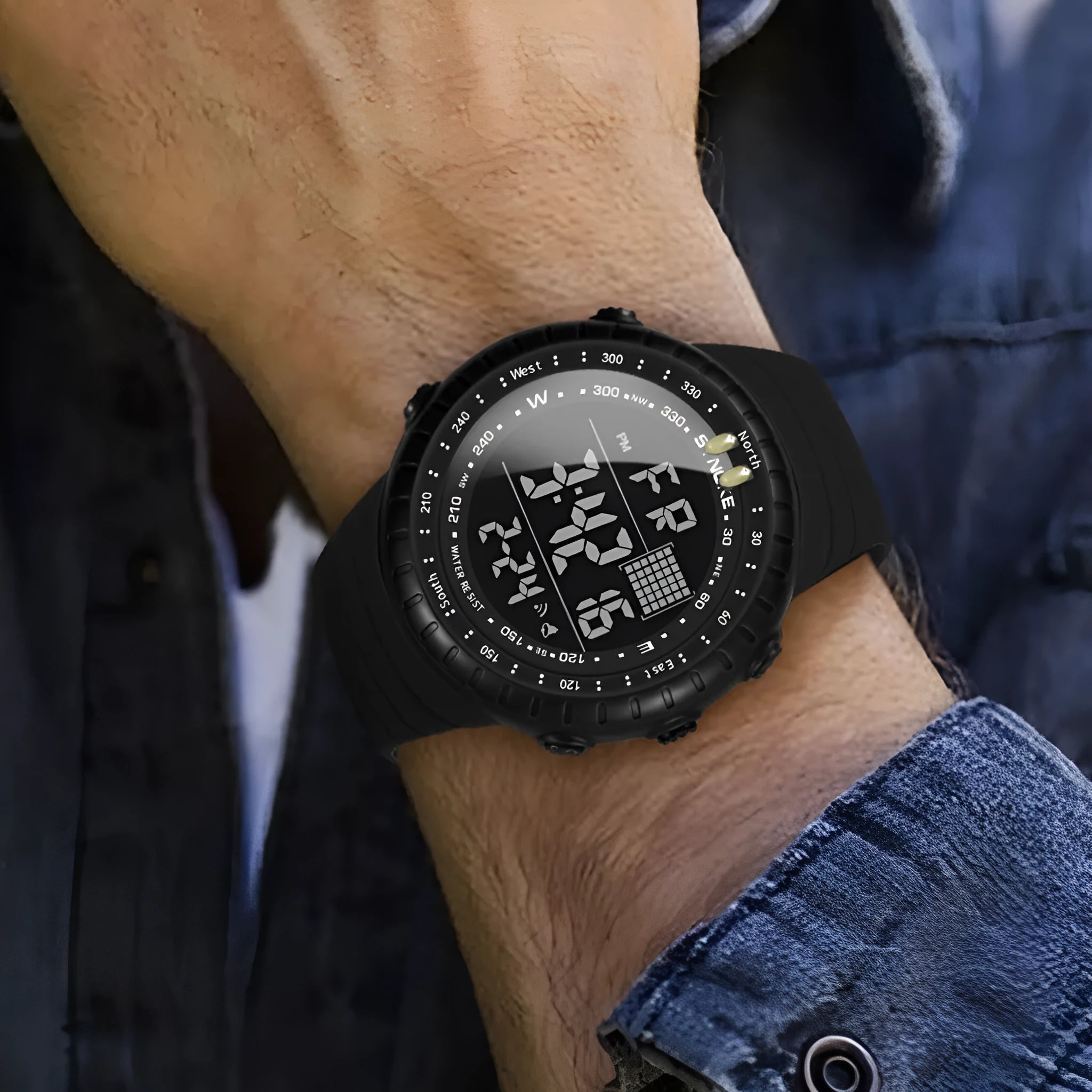 Black men's waterproof outdoor electronic watch with plastic case and PU strap
