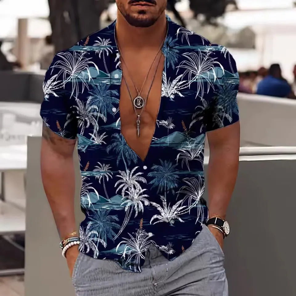 Men's floral printed short sleeve beach shirt in loose cardigan style
