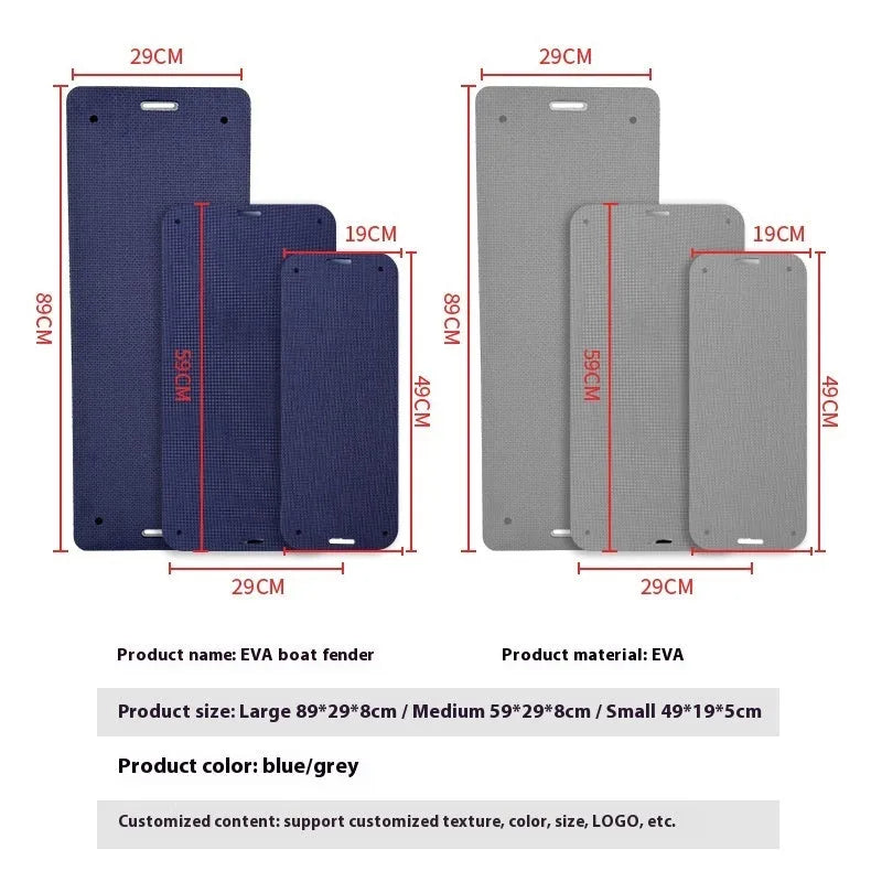 Blue EVA foam marine bumper fender with rope, shown next to a grey one.