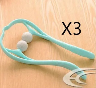 Plastic handheld neck and shoulder massager with adjustable width and roller head in pink, blue, and green colours.