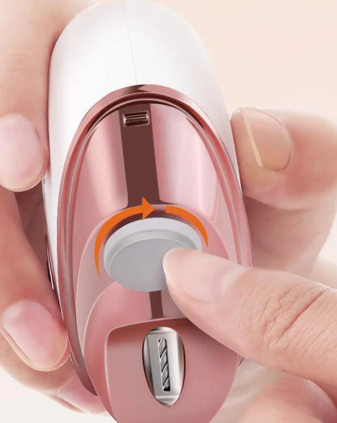 Blue electric nail clippers and polisher with Type-C charging port, shown with cleaning brush and cable