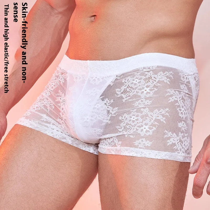 Men's black lace boxers made from nylon fabric in a free size.