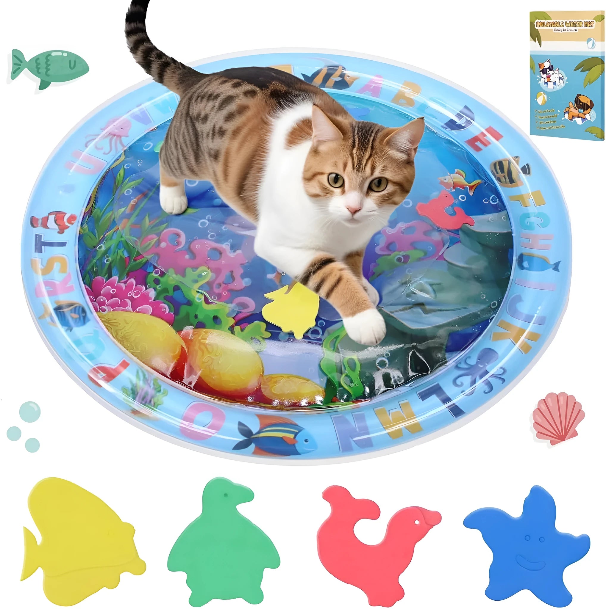 100cm square PVC water sensory playmat for cats with ocean fish design and floating toys