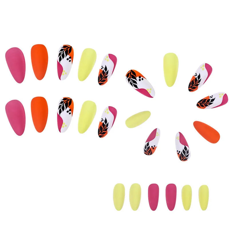 Almond-shaped false nail stickers showing French colourful leaves, gradient leopard print, star flash macaron and colourful plating designs