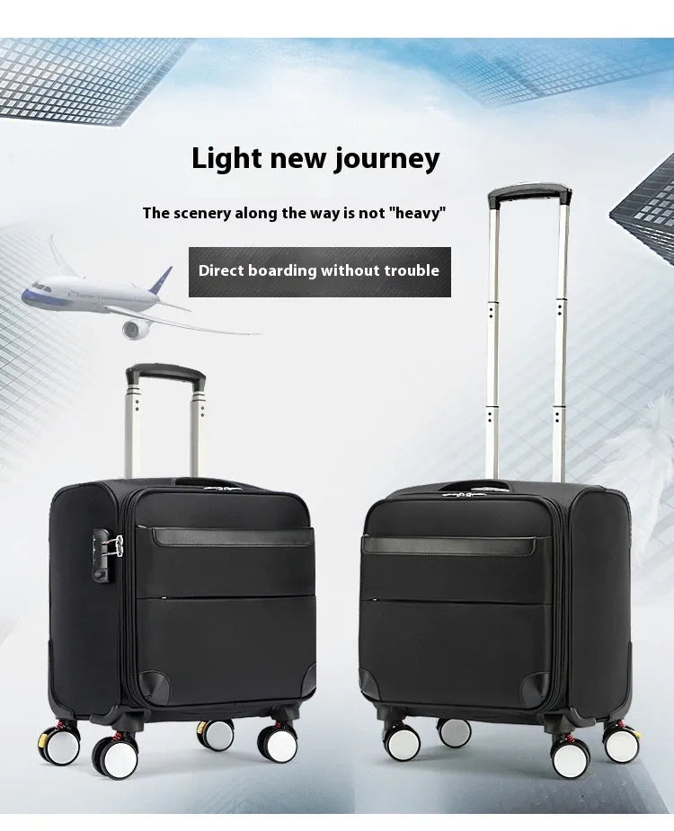 Black 18-inch Oxford cloth carry-on suitcase with retractable trolley handle and universal wheels.
