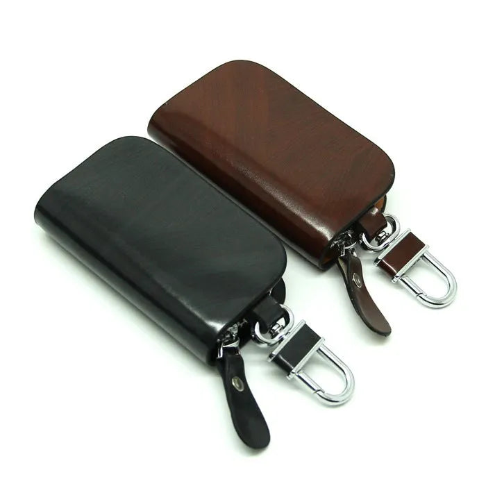 Genuine leather car key case with frosted finish in black or brown colour.