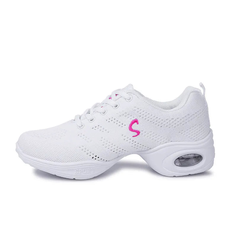 Women's white breathable dance shoes with mesh upper and lightweight PU sole for summer athletic wear