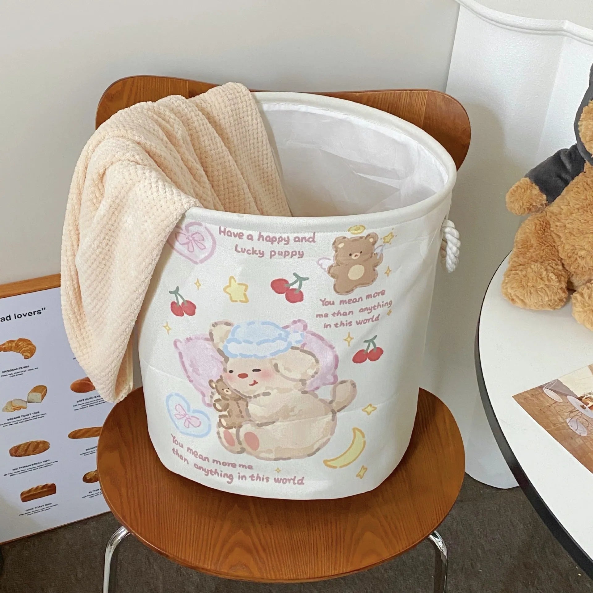 Foldable cotton cloth laundry basket in good night bear colour pattern showing large capacity design