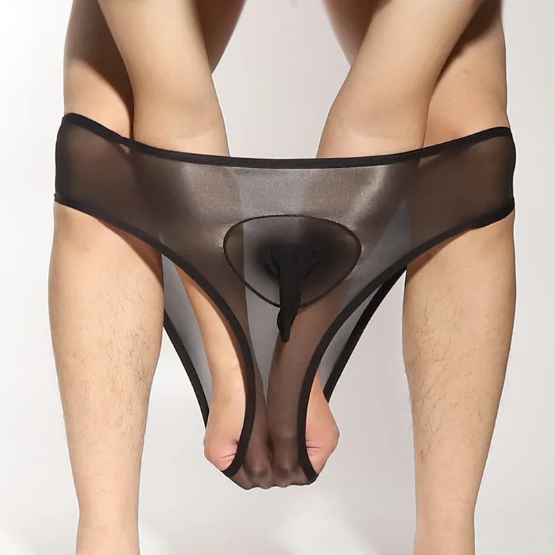 Men's silky nylon briefs with bullet separation in black, shown on a mannequin.