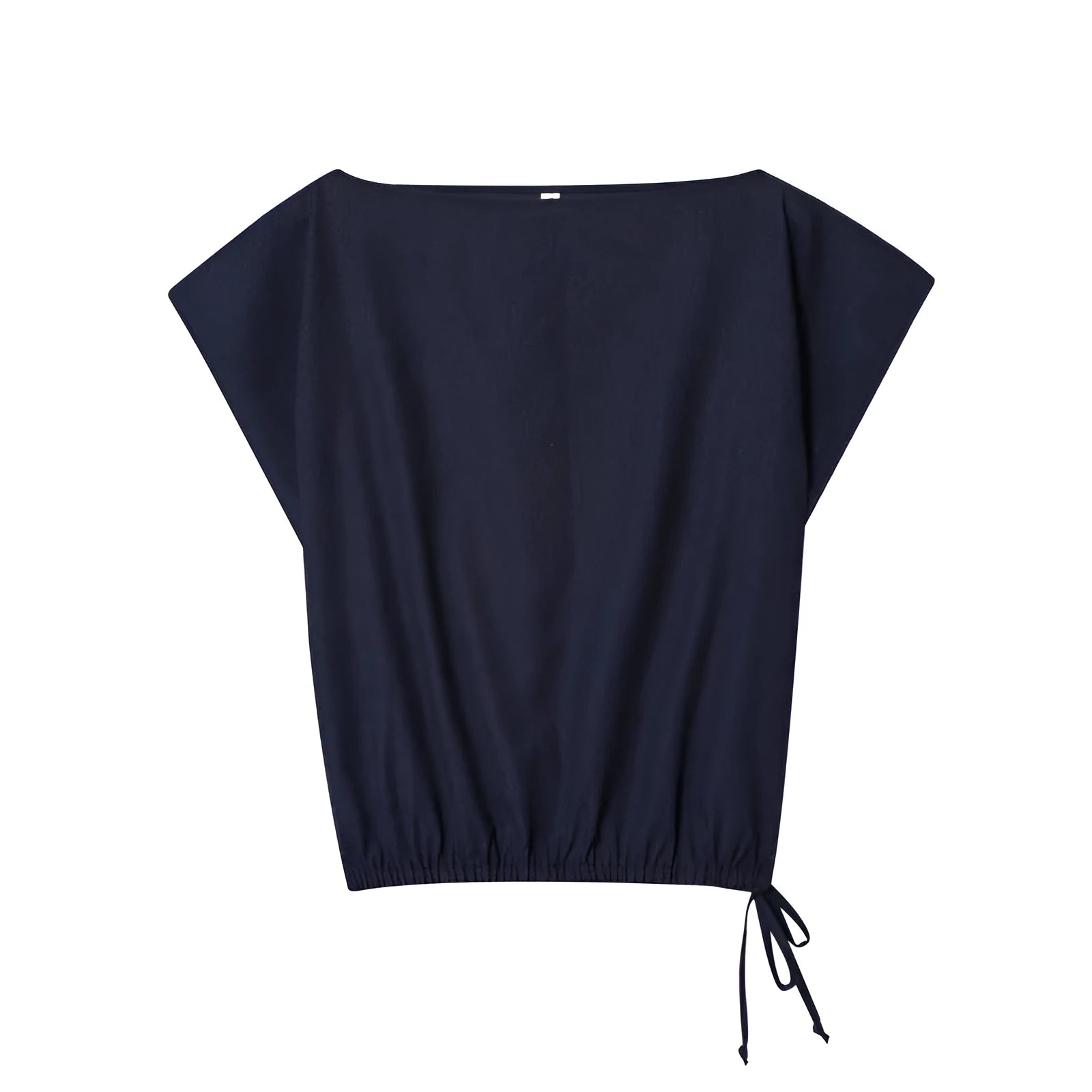 Women's linen blend off-neck shirt with flounced sleeves and matching wide leg trousers set.