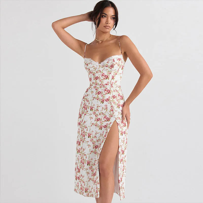 Women's lace floral print summer dress with side slit and suspender straps in polyester fabric