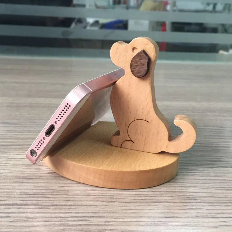 Resin mobile phone holder with beech wood animal design and coin storage compartment
