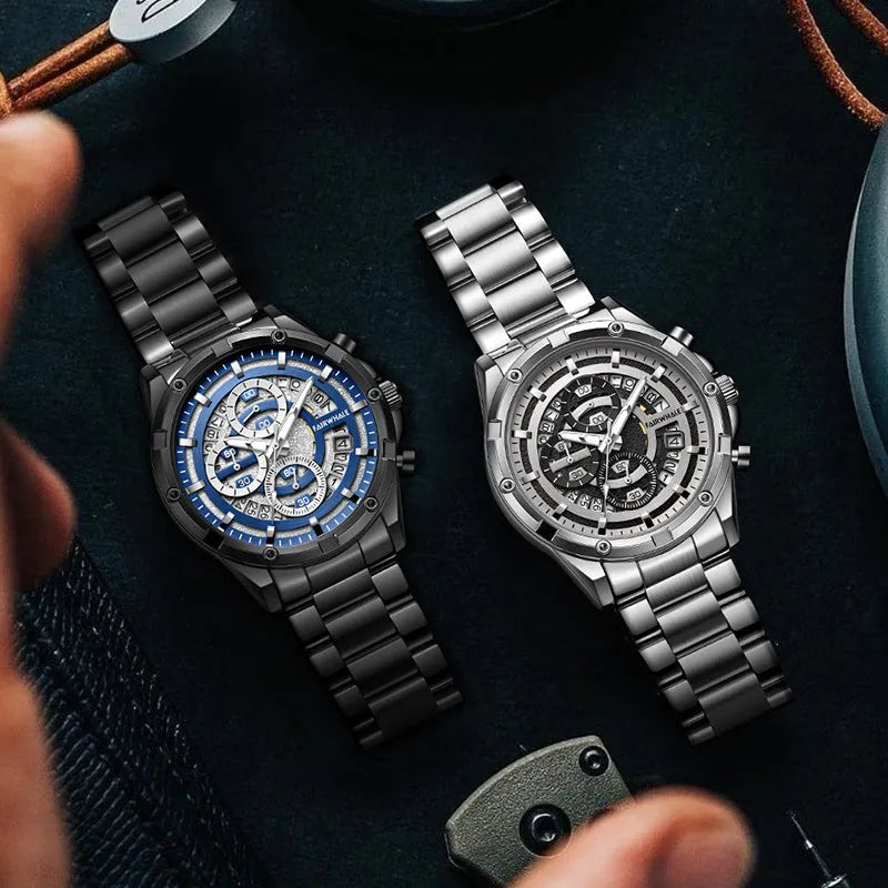 Men's waterproof quartz watch with steel belt and luminous dial in black gold or silver finish