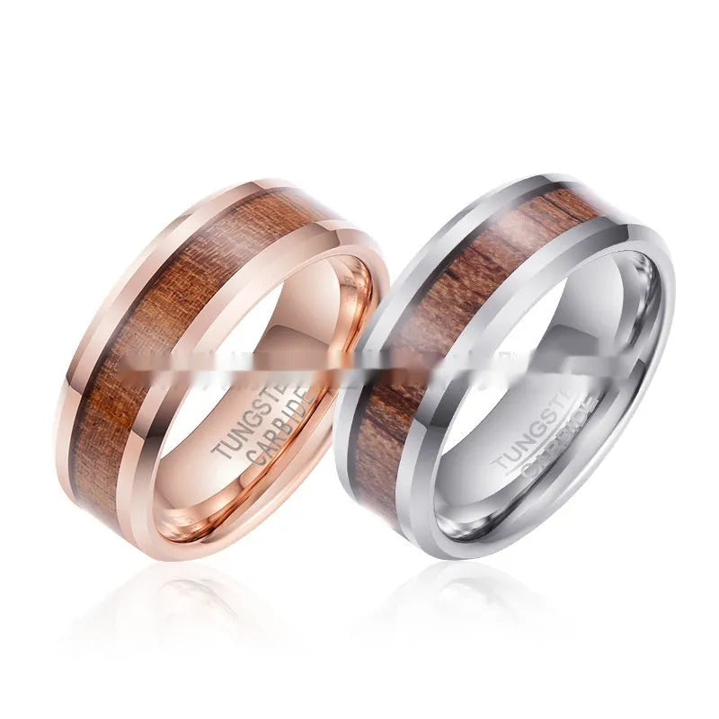 Men's 8mm wide Ugyen ring in wood, leather and tungsten, electroplated rose gold colour.