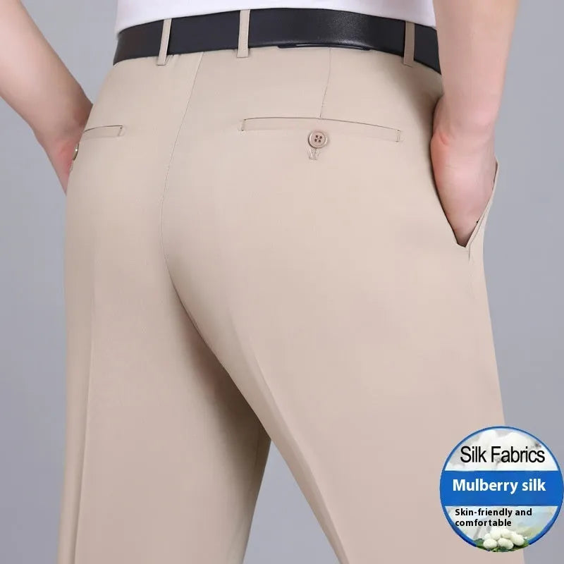 Men's straight fit mulberry silk blend business trousers with high waist in dark blue colour