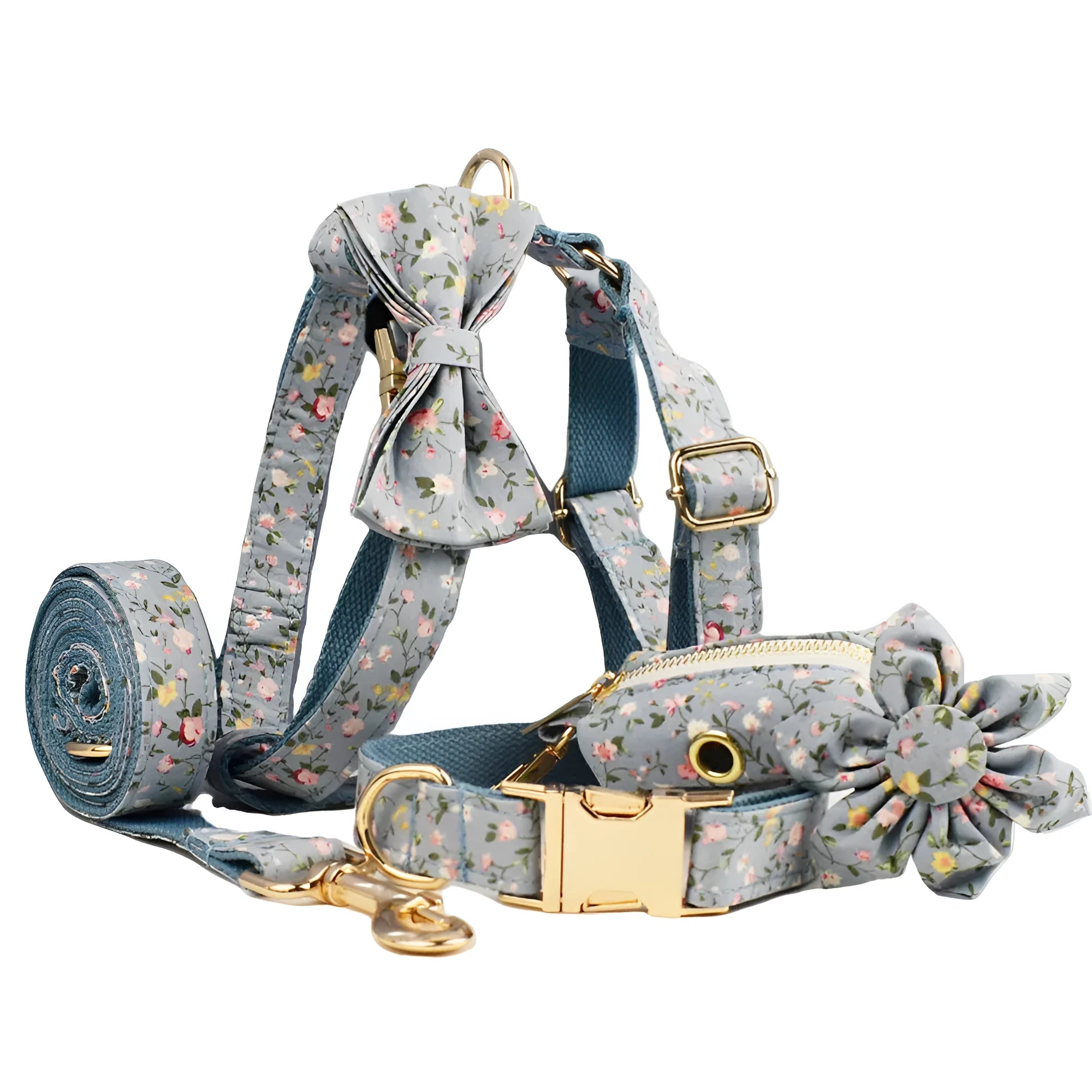 Blue floral pattern dog collar set with matching accessories including bow, leash and vest
