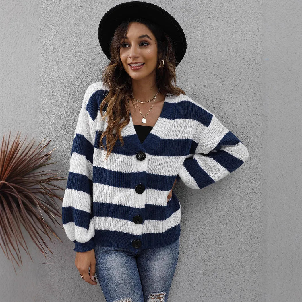 Women's striped cardigan in deer plush fabric with button front closure in blue colour