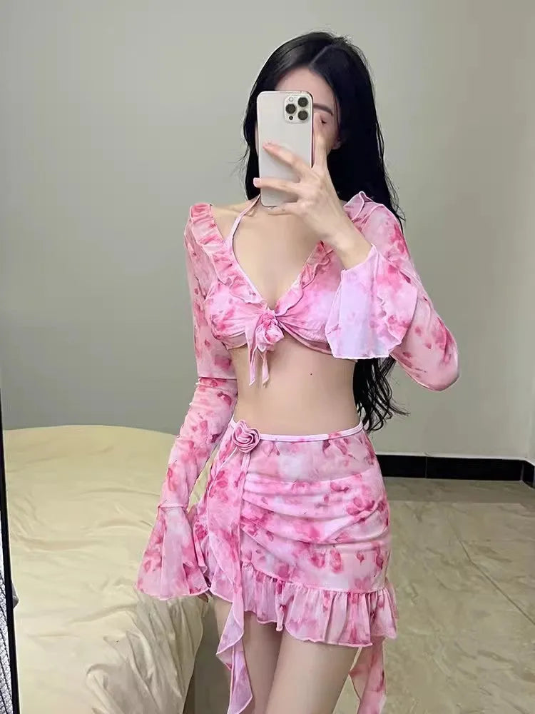 Women's cherry blossom pink floral bikini swimsuit with polyester fabric