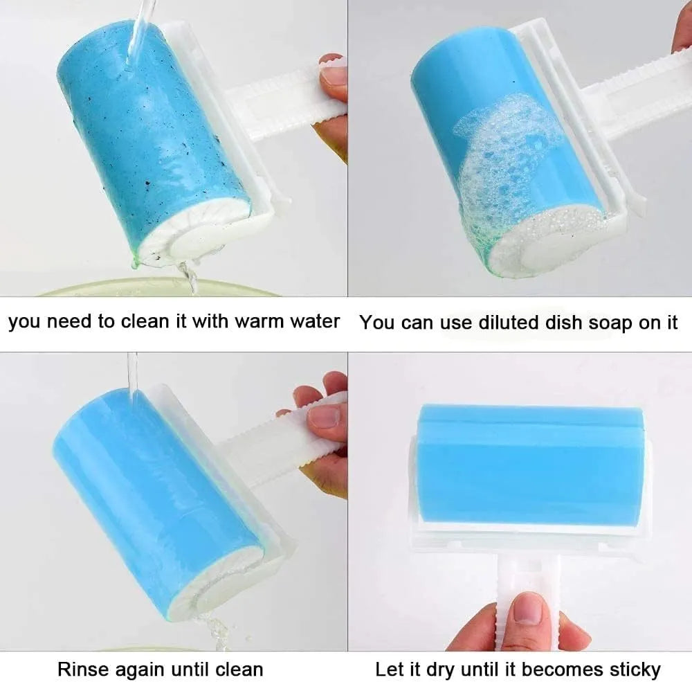 Blue washable reusable lint roller with cover for pet hair removal on fabric.
